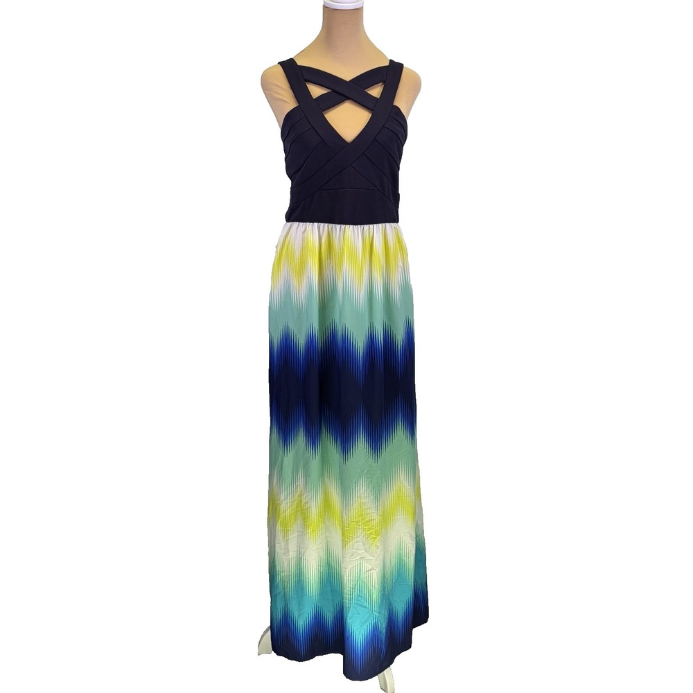 Crystal Doll Junior's Maxi Dress Size 13 Navy‎ Lime Strappy Twee Artsy Bohemian